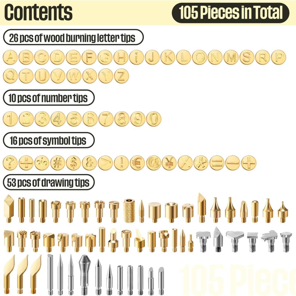 105 Pieces Wood Burning Tip Pyrography Wood Burning Tip Set Including Letter Number Symbol Wood Burning Tip for Wood Burner DIY Embossing Wood Burning Carving Crafts