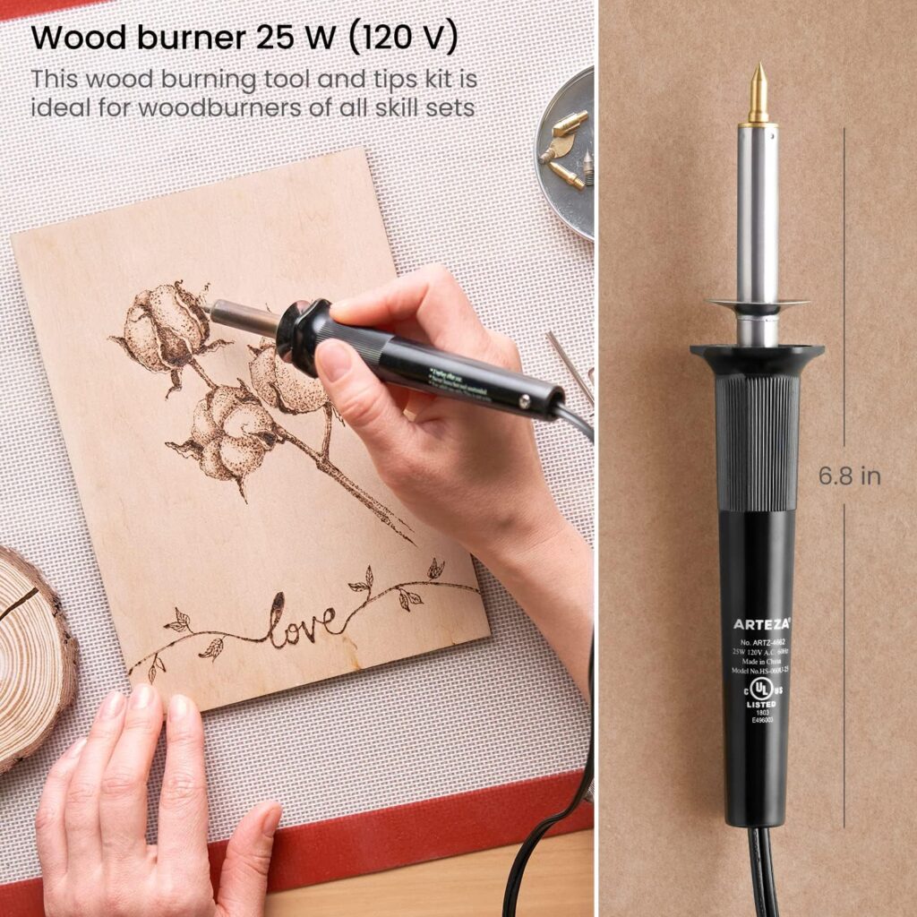 Arteza Wood Burning Kit, 1 Pyrography Pen, 6 Interchangeable Tips, 300–400°C, 25W, Heat Shield and Stand, for Beginners, Intermediates, and Hobbyists