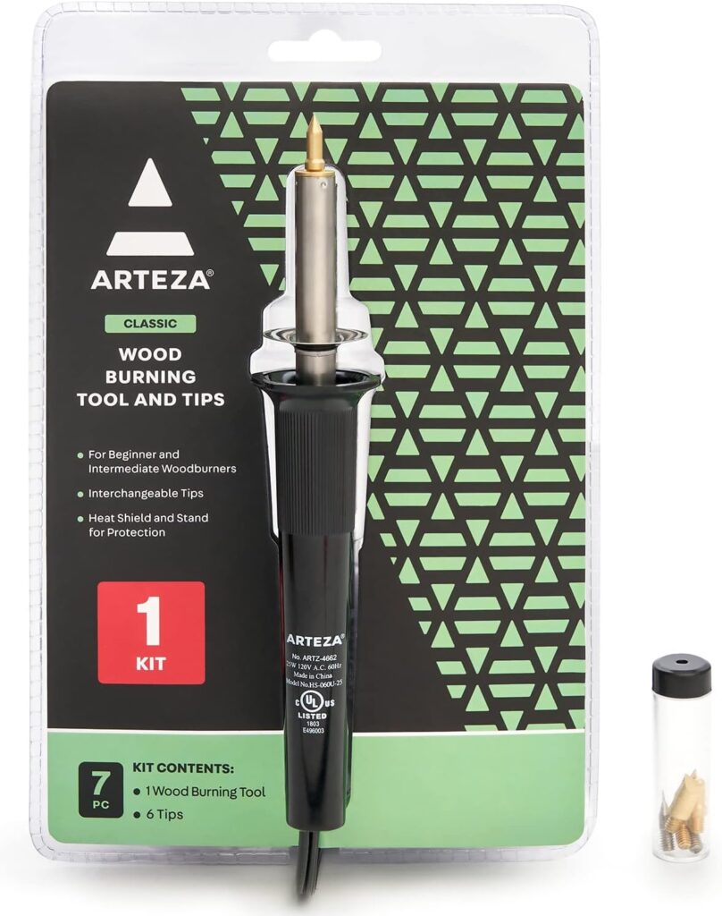 Arteza Wood Burning Kit, 1 Pyrography Pen, 6 Interchangeable Tips, 300–400°C, 25W, Heat Shield and Stand, for Beginners, Intermediates, and Hobbyists