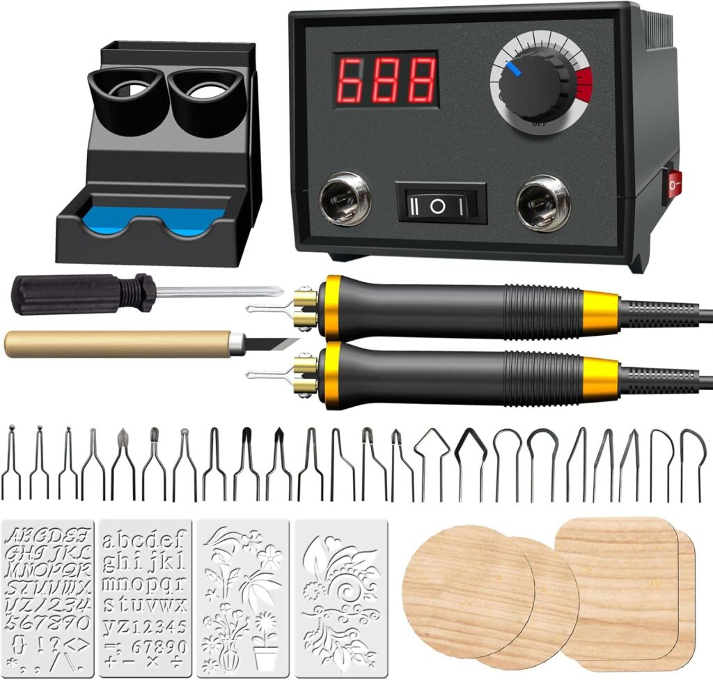 FIRElood Wood Burning Tool, Wood Burner kit Pen 25~750℃, Wood Burning kit with Digital Thermometer Temperature Adjustable Temperature, 2 pyrographic Wood Burning pens, 23 Wood Burning Pen Tips