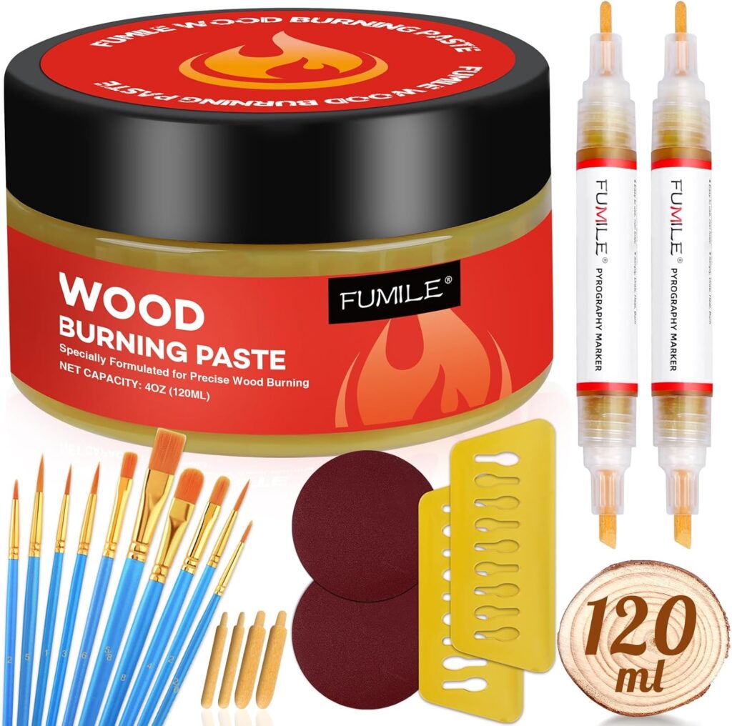 FUMILE Wood Burning Gel Kit,4 OZ Wood Burning Paste,Wood Burning Pen Kit for Wood Burning Design for Beginners, Stable Heat Activated Paste(21 PCS).