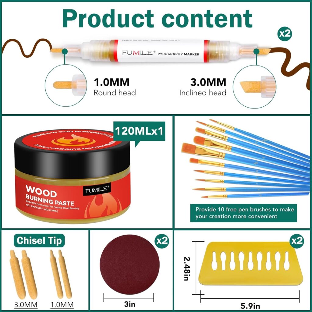 FUMILE Wood Burning Gel Kit,4 OZ Wood Burning Paste,Wood Burning Pen Kit for Wood Burning Design for Beginners, Stable Heat Activated Paste(21 PCS).