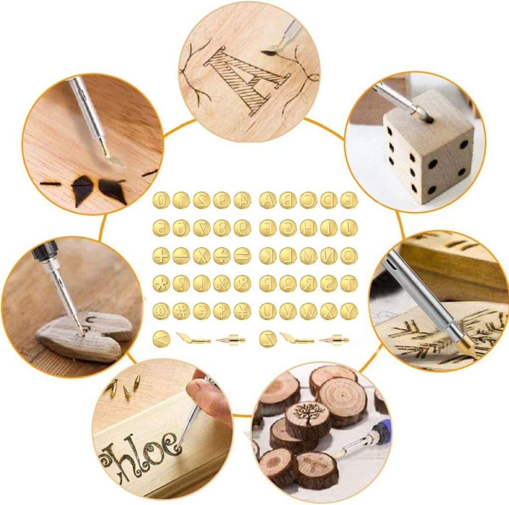 FUYGRCJ- 56Pcs Wood Burning Tip Set Letter Wood Burning Tool Including Alphabet Number Symbol Durable Brass Alphabet Number Template for DIY Embossing Carving Craft Wood Burning