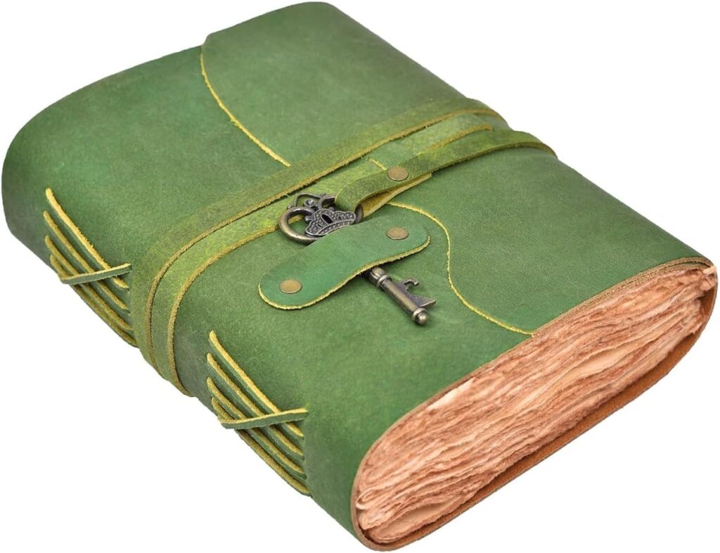 LEATHER VILLAGE Vintage Leather Journal – 200 Handmade Vintage Deckle Edge Paper – Leather bound Journal For Women Men – Vintage Key Closure - Book of Shadows - Green - 6X4 inches (A6)