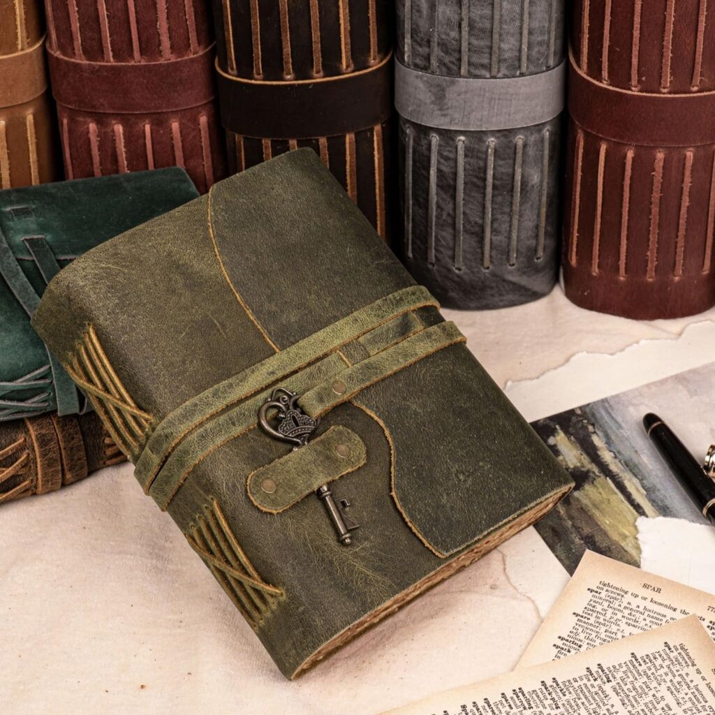 LEATHER VILLAGE Vintage Leather Journal – 200 Handmade Vintage Deckle Edge Paper – Leather bound Journal For Women Men – Vintage Key Closure - Book of Shadows - Green - 6X4 inches (A6)