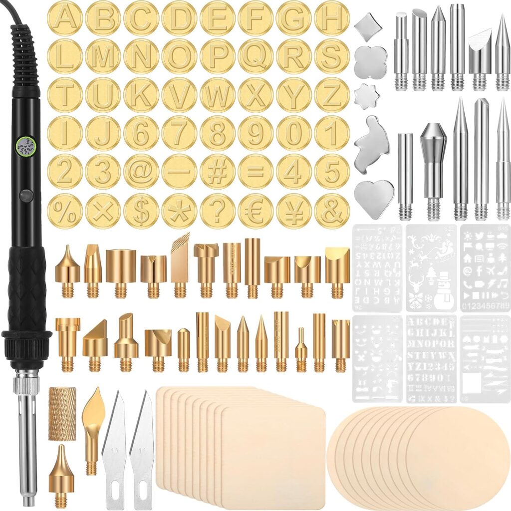 Lothee 136 Pieces Wood Burning Kit Wood Burning Tools Set Wood Burner Tips Adjustable Temperature Pen Stencils with Wood Chips for Wood Burner DIY Embossing Carving Crafts