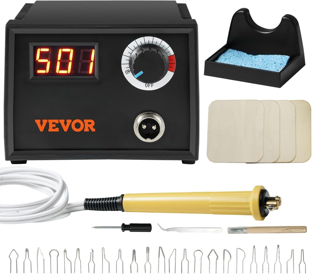 VEVOR Wood Burning Kit, 200~700°C Adjustable Temperature with Display, Wood Burner with 1 Pyrography Pen, 23 Wire Nibs, 1 Pen Holder, 4 Wood Chip, 1 Screwdriver, 1 Tweezers, 1 Craft Knife,1 Sponge