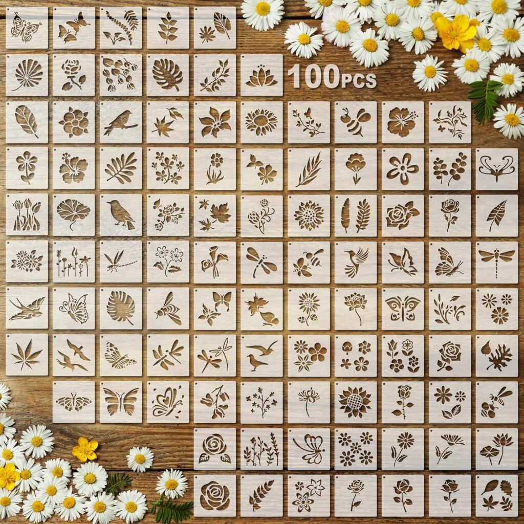 100 Pcs Stencils for Painting on Wood Reusable Stencil Crafts Drawing Templates Holiday Stencils Wall Paper Stencil Set for DIY Art Scrapbook Home Decor 2 x 2 Inch (Flower, Plants)