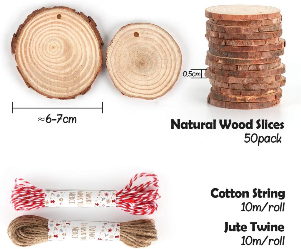 50Pcs Wood Slices 2.4-2.8 Unfinished Natural Wood Rounds with Pre-drilled Hole and 66Feet Twine String, Wood Slices for Wood Burning Painting DIY Crafts Christmas Ornaments Party Wedding Decor