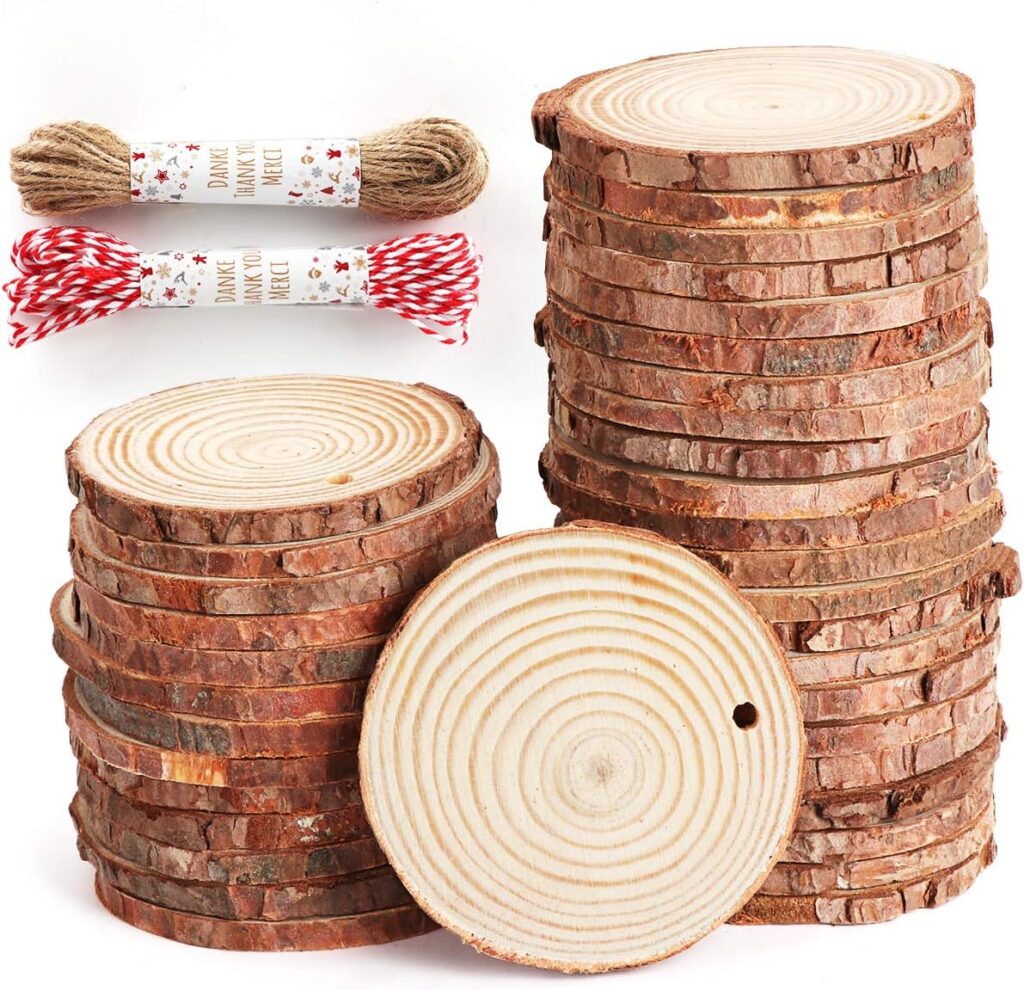 50Pcs Wood Slices 2.4-2.8 Unfinished Natural Wood Rounds with Pre-drilled Hole and 66Feet Twine String, Wood Slices for Wood Burning Painting DIY Crafts Christmas Ornaments Party Wedding Decor