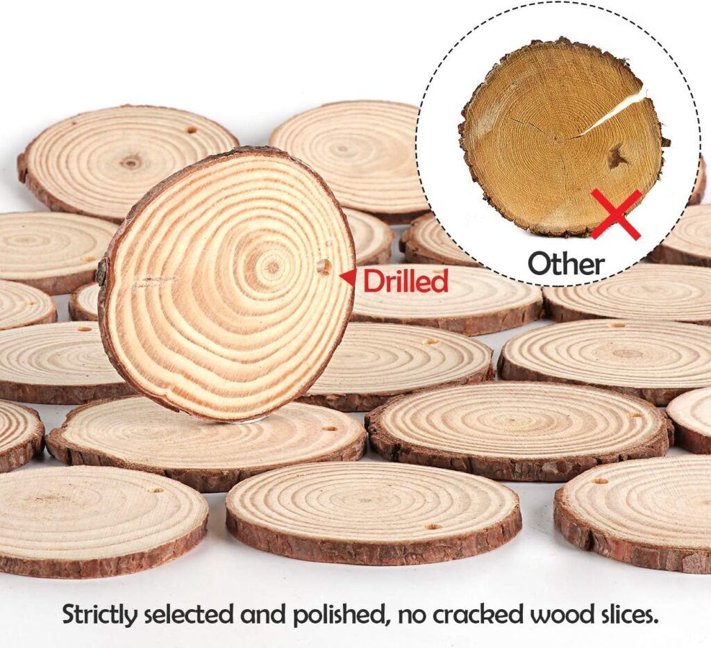 50Pcs Wood Slices 2.4-2.8 Unfinished Natural Wood Rounds with Pre-drilled Hole and 66Feet Twine String, Wood Slices for Wood Burning Painting DIY Crafts Christmas Ornaments Party Wedding Decor