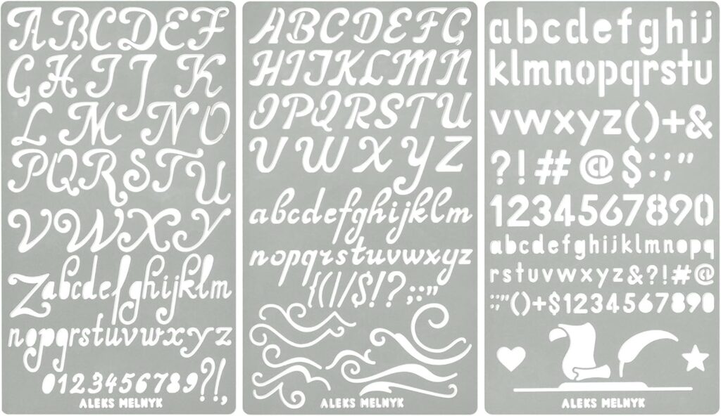 Aleks Melnyk No.34 Metal Stencils, Pyrography, Wood Burning kit 3 PCS Templates, Letters Stencils for Engraving Wood and Patterns, Alphabet and Number, Lettering, Letting, Bullet Journaling