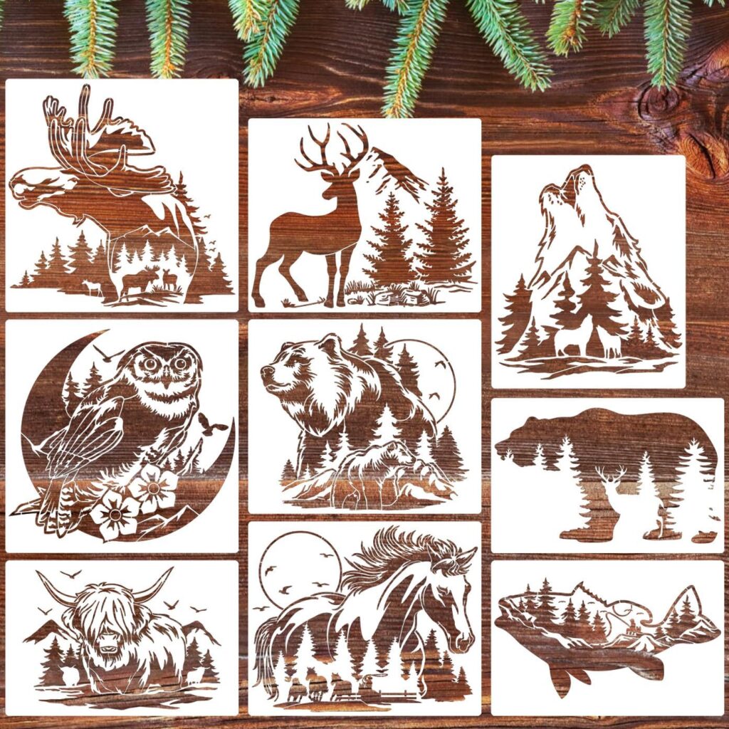 Animal Wood Burning Stencils for Painting 12” Deer Stencils Horse Stencil Bear Wolf Moose Drawing Templates for T-Shirt Fabric Wood DIY Crafts