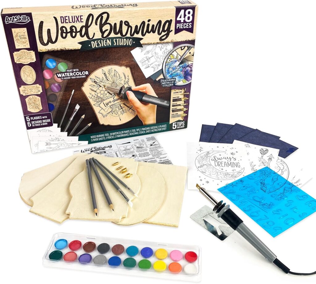 ArtSkills Wood Burning Kit for Beginners - Deluxe Pyrography Wood Engraving Art Kit with Burner Pen, Stencils, Watercolor Paints - 48 Piece DIY Woodburning Tool Kit for Adults and Kids