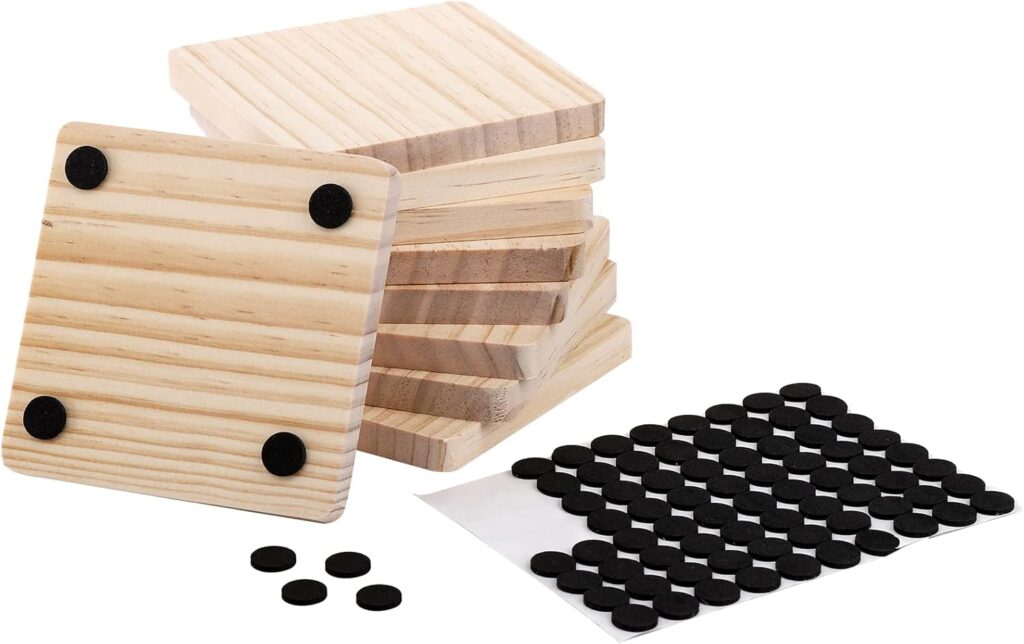 Dicunoy 20PCS Unfinished Wood Coasters, Square Blank Wooden Coasters for Crafts, Thick Coasters with 80PCS Foam Knots for DIY Mosaic Coasters, Stained, Painted, Pyrography, Arts Craft, 4 x 4 in