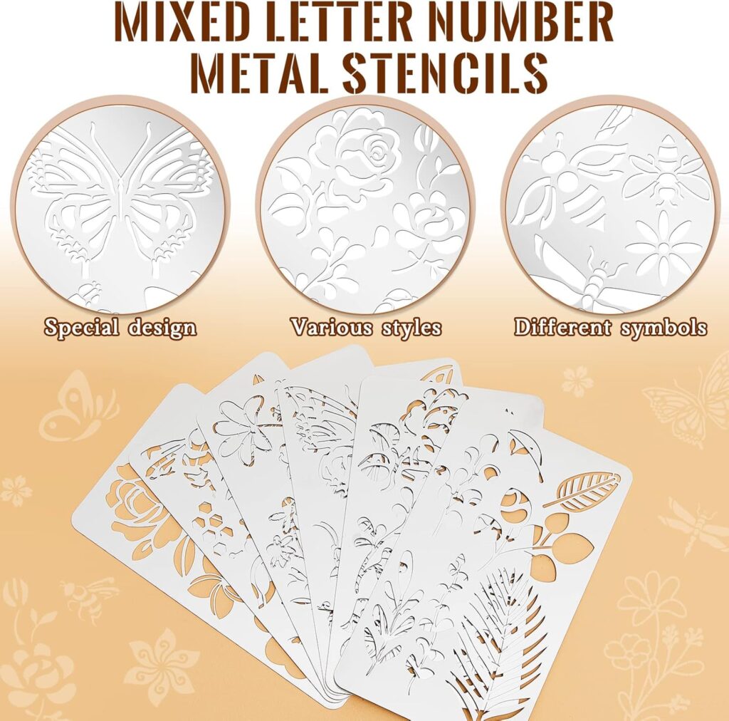 Lewtemi 6 Pcs Mixed Metal Stencil Wood Stencil Templates Stencils for Journaling Wood Burning Stencils for Wood Carving Drawing Engraving Scrapbooking Journal Craft DIY(Plant Style)