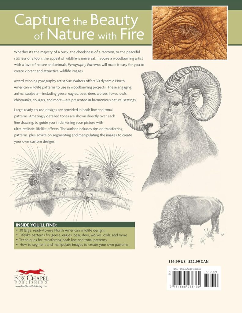 Pyrography Patterns: Basic Techniques and 30 Wildlife Designs for Woodburning (Fox Chapel Publishing) Large, Ready-to-Use Patterns, Both Line and Tonal, plus Tips  Advice from Artist Sue Walters     Paperback – February 1, 2014