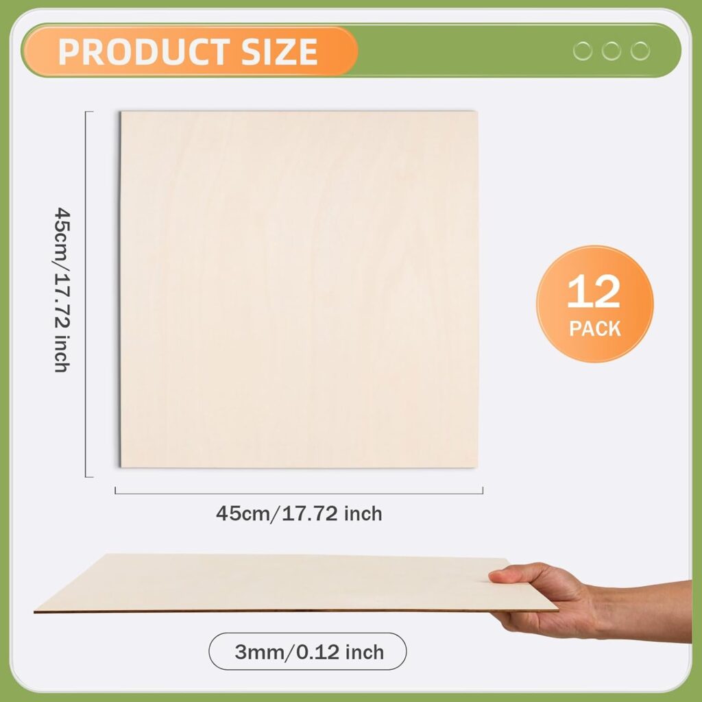 12 Pack Basswood Sheets for Crafts-12 x 12 x 1/8 Inch- 3mm Thick Plywood Sheets with Smooth Surfaces-Unfinished Squares Wood Boards for Laser Cutting, Wood Burning, Architectural Models, Staining