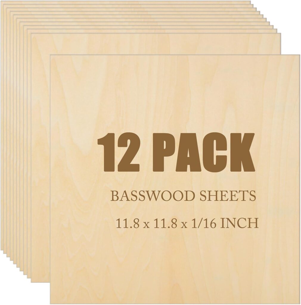 12Pack Basswood Sheets 1/16 Plywood Sheets 11.8x11.8 Craft Wood Cricut Wood Sheets for Cricut Maker Laser Cutting Architecture Model Wood Carving Pyrography Drawing Painting, 300x300x2MM