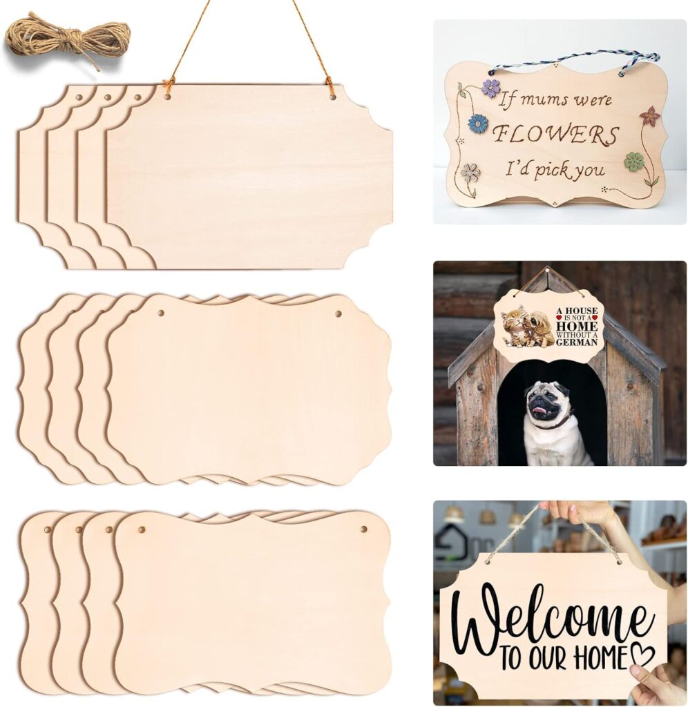 12Pcs Unfinished Wood Crafts, Rectangle-Shaped Wood Plaque for Carfts, DIY Wood Sign for Door Hanger, Wood Burning, Painting, Halloween Ornaments Crafts Home Decor, 8.8 x 5.7 Inches