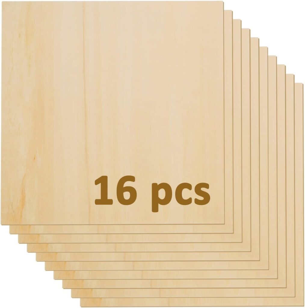 16 Pcs Plywood Basswood Sheets 11.8”x11.8”x1/8” 3mm Unfinished Wood Sheets for Laser Cutting Engraving DIY Painting Modeling (300x300x3mm, 16 Pcs)