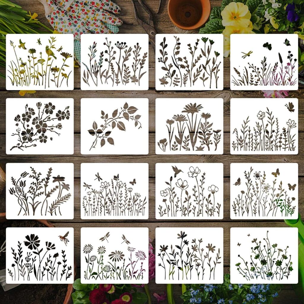 16 Pieces Wildflower Stencils for Painting, Reusable Small Spring Wild Flower Stencils Wall Stencils, DIY Small Drawing Template Stencil for Painting on Wood Wall Canvas Home Decor(5x6Inch)