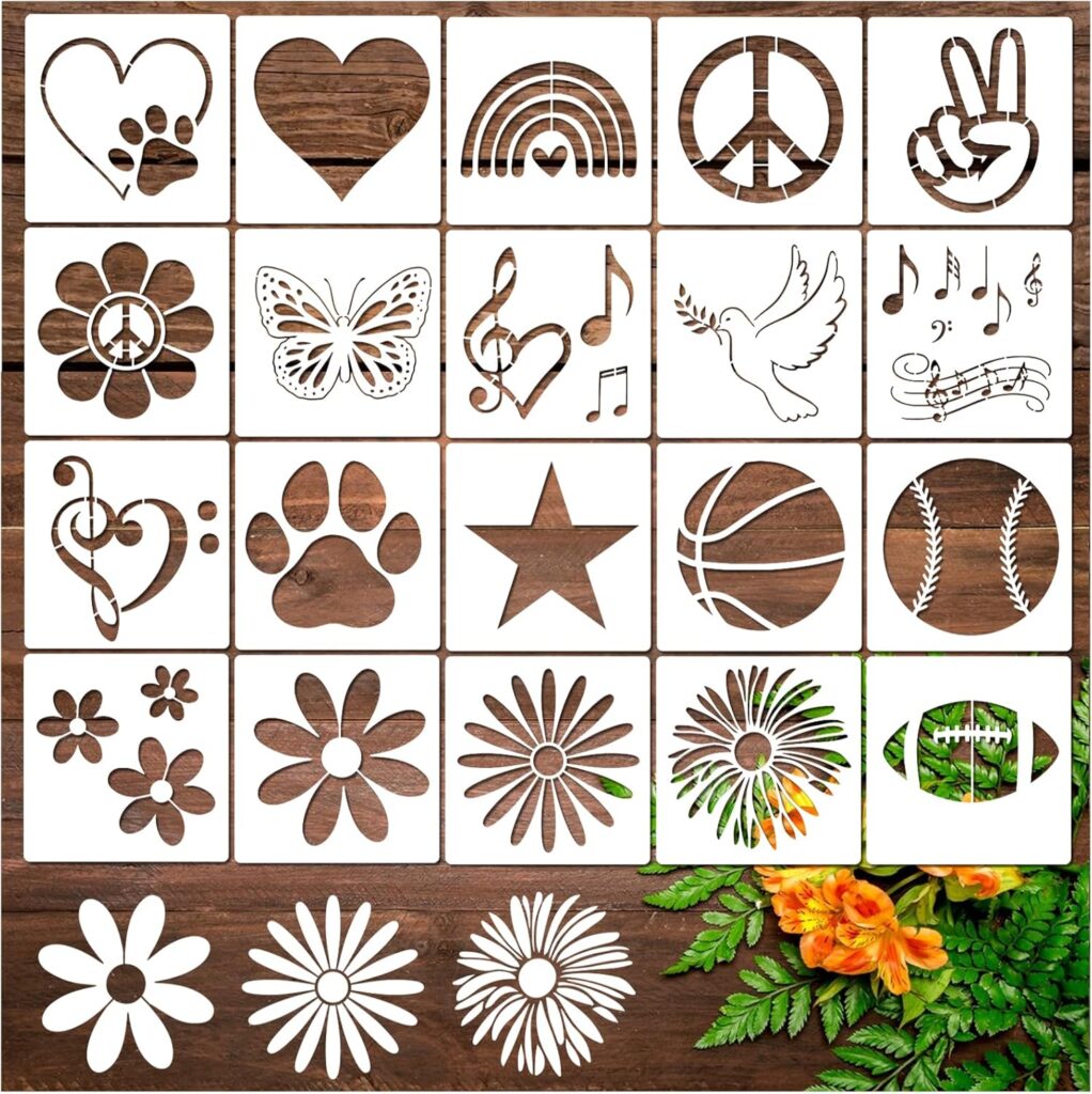 20 Pieces Stencil for Painting, Love Peace Sign Stencil Rainbow Star Heart Flower Stencils Reusable Music Notes Template for DIY Crafts Wood Canvas Paper Fabric Furniture (20pcs peace love)