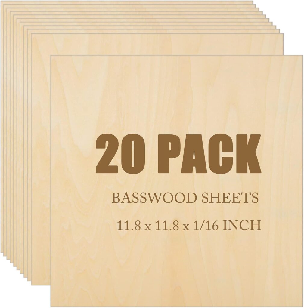 20Pack Basswood Sheets 1/16 Plywood Sheets 11.8 x 11.8 Inch Craft Wood Bass Wood for Cricut Maker, Architecture Model Materials, Pyrography, Wood Burning, Drawing, Painting, 300x300x2MM