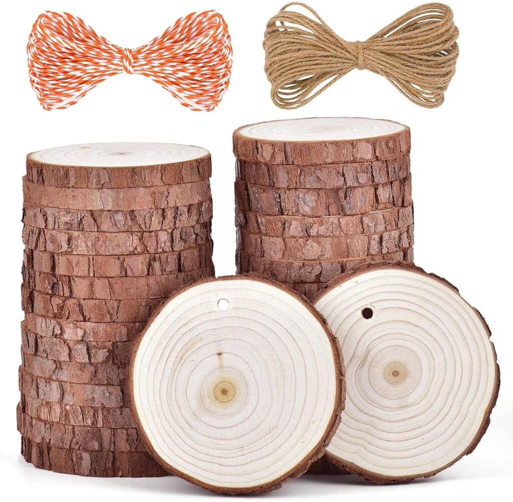 5ARTH Natural Wood Slices - 30 Pcs 3.5-4 inches Craft Unfinished Wood kit Predrilled with Hole Wooden Circles for Arts Wood Slices Christmas Ornaments DIY Crafts