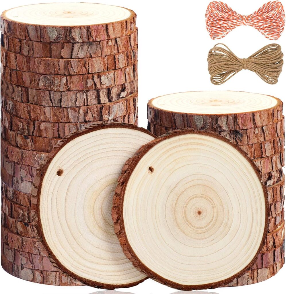 5ARTH Natural Wood Slices - 30 Pcs 3.5-4 inches Craft Unfinished Wood kit Predrilled with Hole Wooden Circles for Arts Wood Slices Christmas Ornaments DIY Crafts