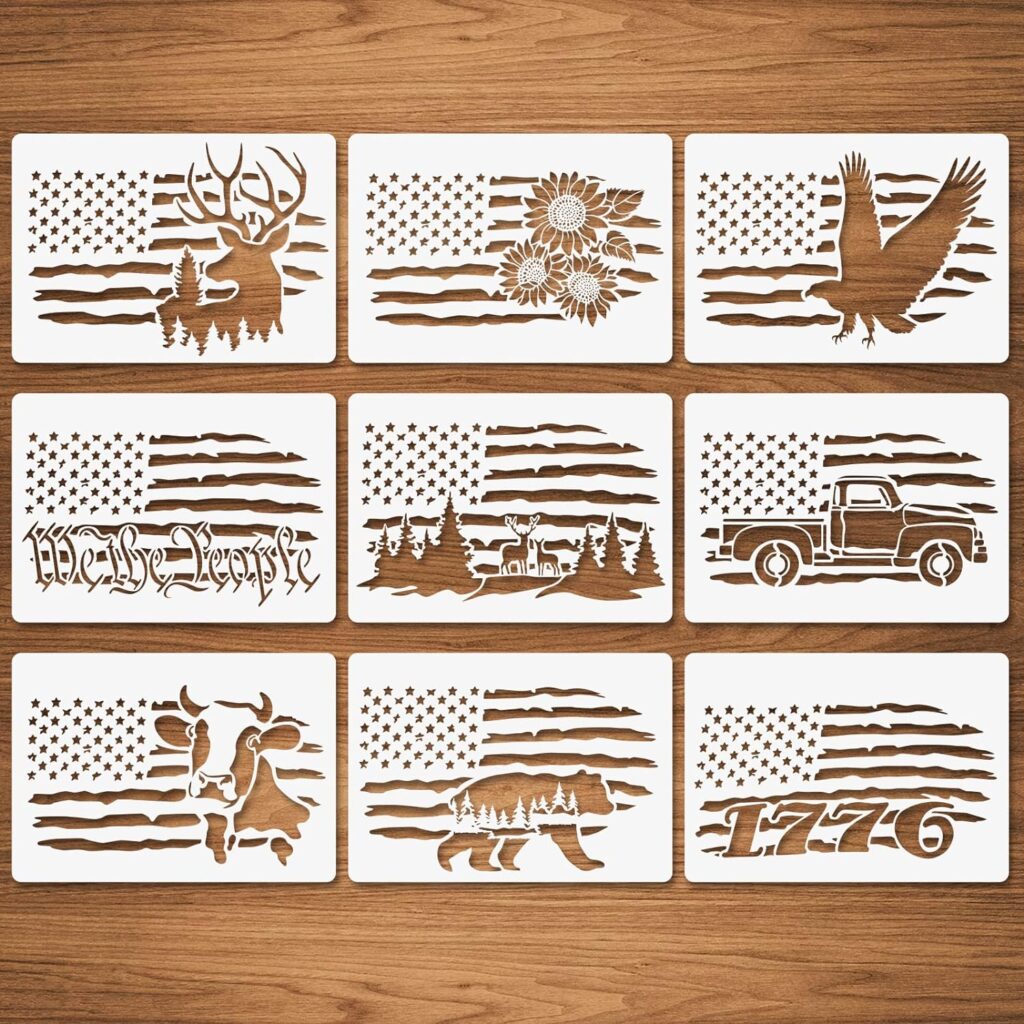 9 Pcs American Flag Stencils, We The People Stencils Deer 1776 Stencils Cow Bear Truck Sunflower Stencils for Painting on Wood Canvas Walls Fabric Wood Burning Stencils Patriotic Stencils (5.7x7.87)