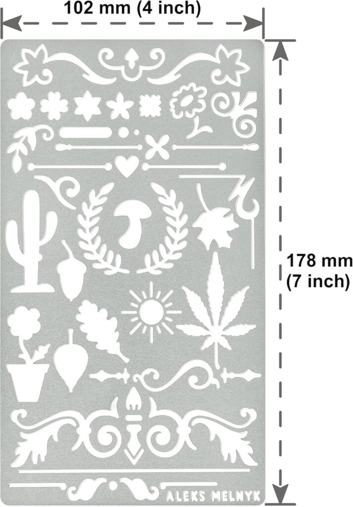 Aleks Melnyk No.1 Metal Journal Stencil, Wood Burning, Flower and Vines, Vintage, Cannabis, Finds Small Stencil Patterns, Pyrography, Engraving, Template for Painting on Wood, Bullet Journaling