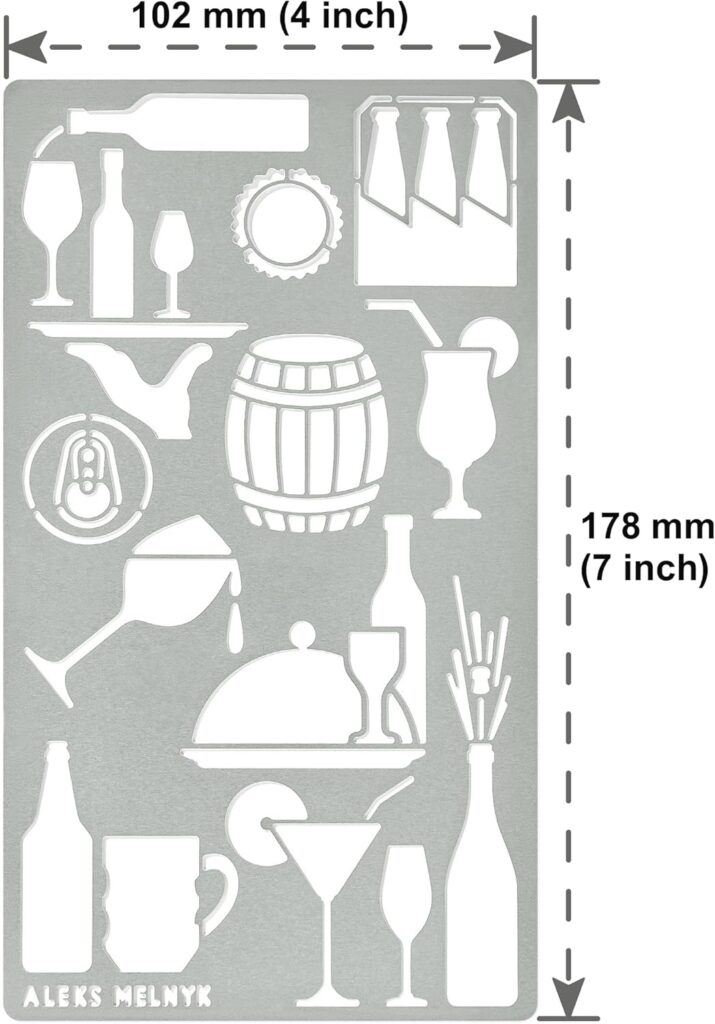 Aleks Melnyk No.24 Metal Journal Stencil, Drink, Alcohol, Beer, Wine Bottle, Stencil for Painting, Chalkboard, Template Wood Burning, Pyrography, Engraving, Bullet Journaling, Themes, Small Signs