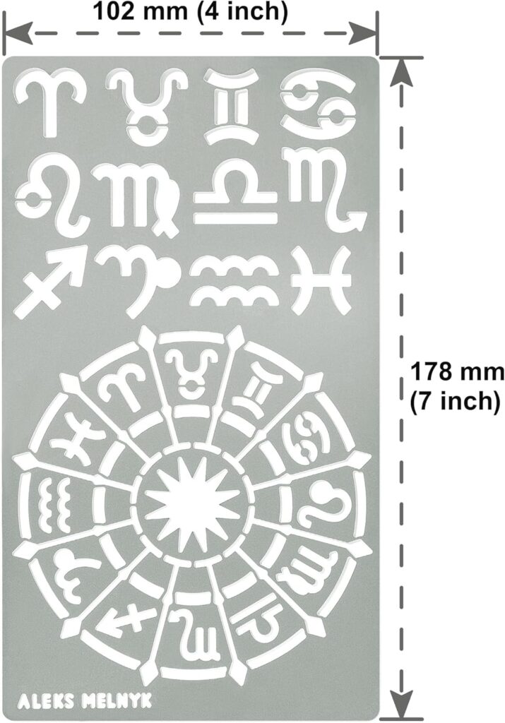 Aleks Melnyk No.29 Metal Journal Stencil, Zodiac Circle Symbols, Stainless Steel Stencil 2 PCS, Template for Wood Burning, Pyrography, Engraving, Astrology, Horoscope Wheel Chart, Bullet Journaling