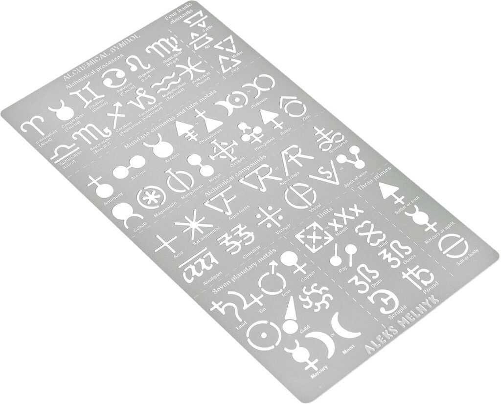 Aleks Melnyk No.398 Metal Stencil, Alchemical symbols, Small Stencil, 1 PCS, Template for Wood Burning, Engraving, Crafting, Scrapbook