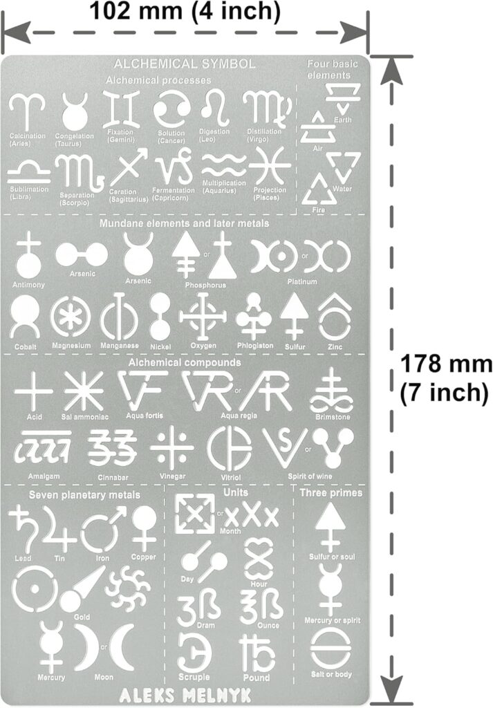 Aleks Melnyk No.398 Metal Stencil, Alchemical symbols, Small Stencil, 1 PCS, Template for Wood Burning, Engraving, Crafting, Scrapbook