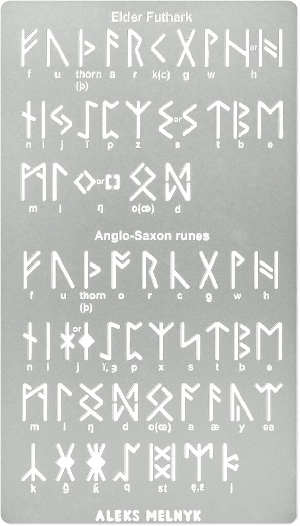 Aleks Melnyk No.409 Metal Stencil, Elder Futhark and Anglo-Saxon Runes 0.5in, Ancient Alphabet, Sigil Magic Alphabet Stencil 1 PCS, Template Wood Burning, Pyrography Engraving, Wicca Stencil, Bookmark