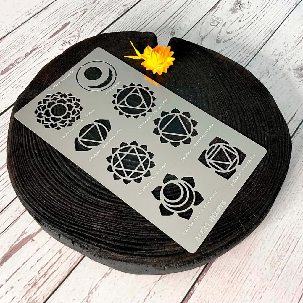 Aleks Melnyk No.415 Metal Stencil, Chakras, Mandala, Yoga, Symbols for Meditation, Om, Sacred Geometry, Template for Wood Burning, Pyrography Engraving, Bookmark, Crafts, Art, DIY