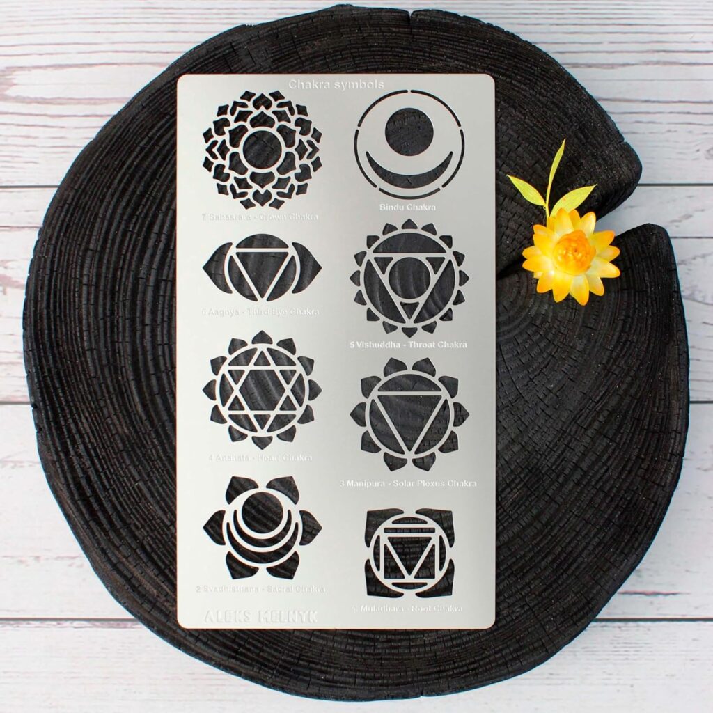 Aleks Melnyk No.415 Metal Stencil, Chakras, Mandala, Yoga, Symbols for Meditation, Om, Sacred Geometry, Template for Wood Burning, Pyrography Engraving, Bookmark, Crafts, Art, DIY