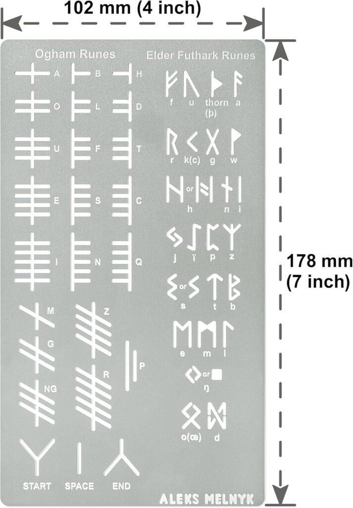 Aleks Melnyk No.421 Metal Stencil, Elder Futhark and Ogham Runes, Ancient Alphabet, Sigil Magic Alphabet Stencil 1 PCS, Letter Template for Wood Burning, Pyrography Engraving, Wicca Stencil, Bookmark