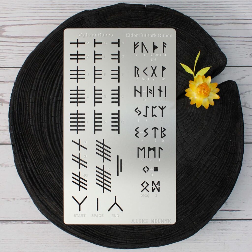 Aleks Melnyk No.421 Metal Stencil, Elder Futhark and Ogham Runes, Ancient Alphabet, Sigil Magic Alphabet Stencil 1 PCS, Letter Template for Wood Burning, Pyrography Engraving, Wicca Stencil, Bookmark