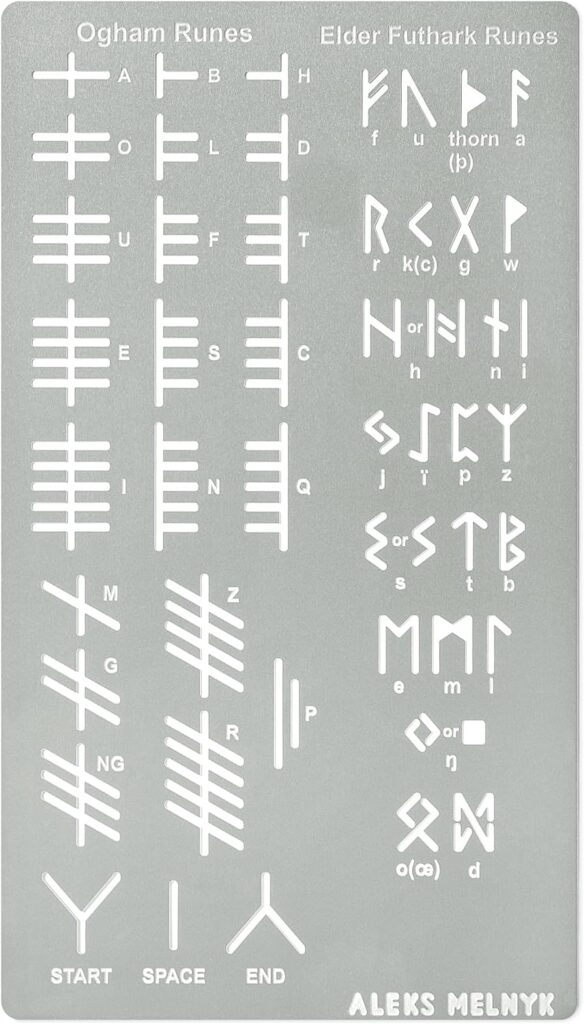 Aleks Melnyk No.421 Metal Stencil, Elder Futhark and Ogham Runes, Ancient Alphabet, Sigil Magic Alphabet Stencil 1 PCS, Letter Template for Wood Burning, Pyrography Engraving, Wicca Stencil, Bookmark