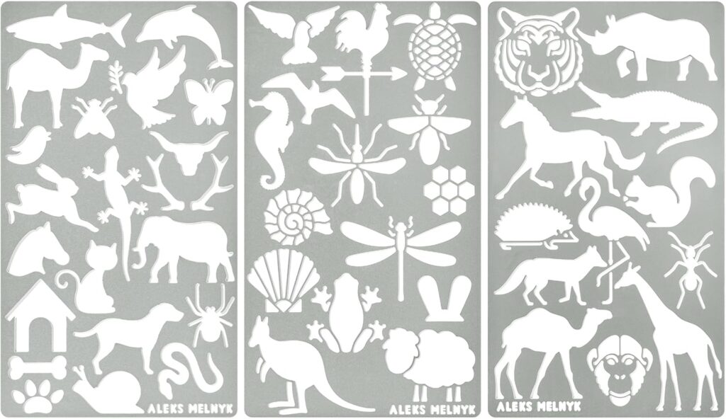 Aleks Melnyk No.43 Metal Stencils, Small Animals, Woodland, Pets, Cat, Dog, Fox, Lizard, Sea Ocean Animals, Kit 3 PCS, Templates for Wood Burning, Engraving, Crafting, Bullet Journaling, Scrapbook