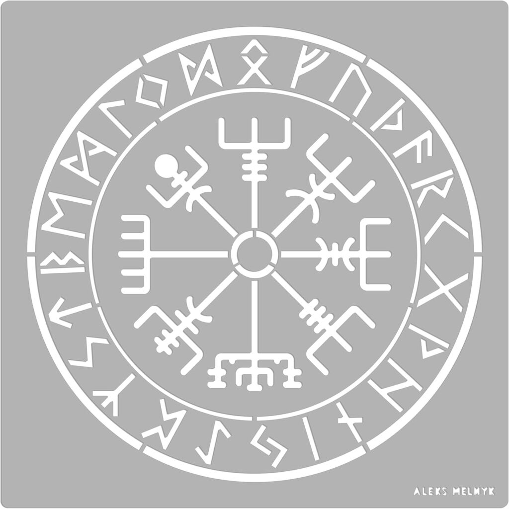 Aleks Melnyk No.94 Viking Stencil, Scandinavian Runes, Celtic Metal Patterns, Vegvisir Compass, Template Craft Wood Burning, Pyrography, Painting, Pagan German Nordic Norse Occult Stencil