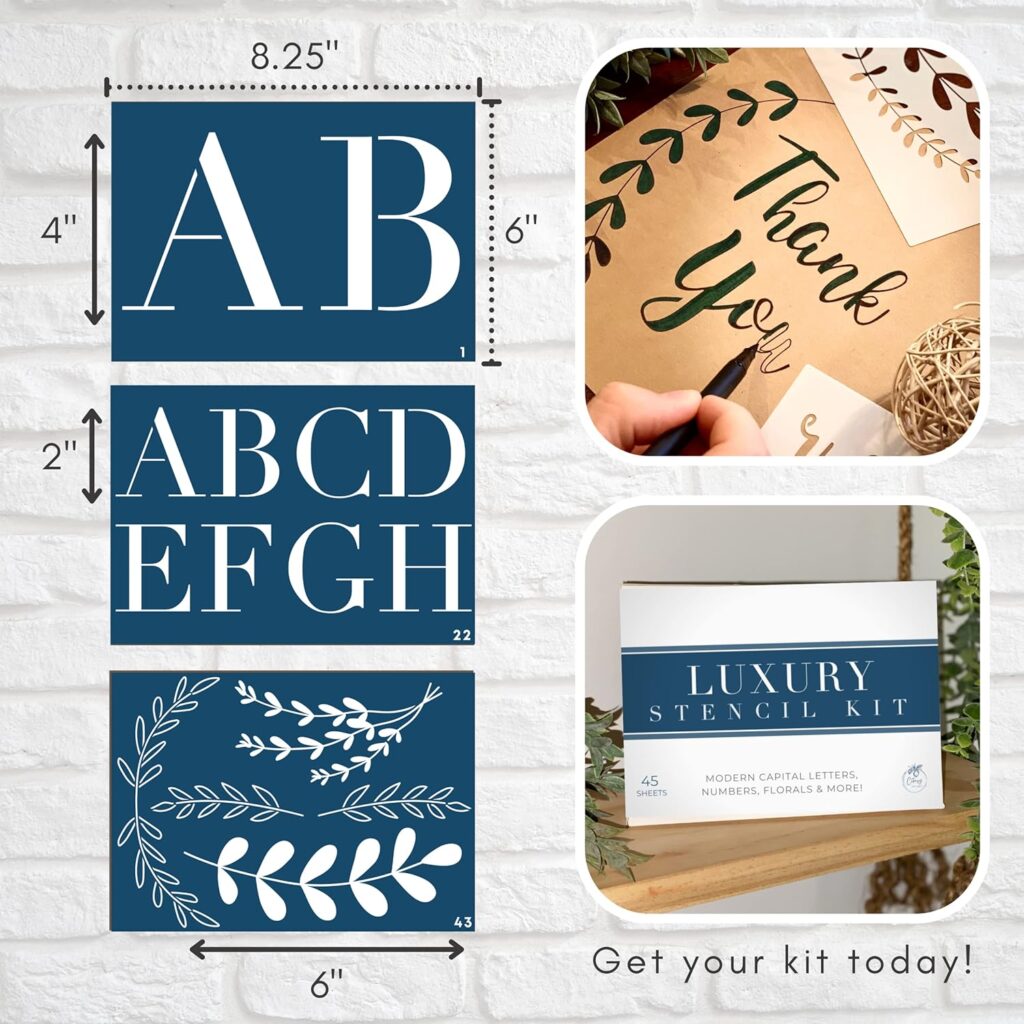 Boutique Calligraphy Stencil Template Kit - 45 Reusable Pieces Includes Lettering Upper and Lowercase both Large Small, Numbers, Punctuation, Laurels Flowers For Arts Crafts Painting Wood