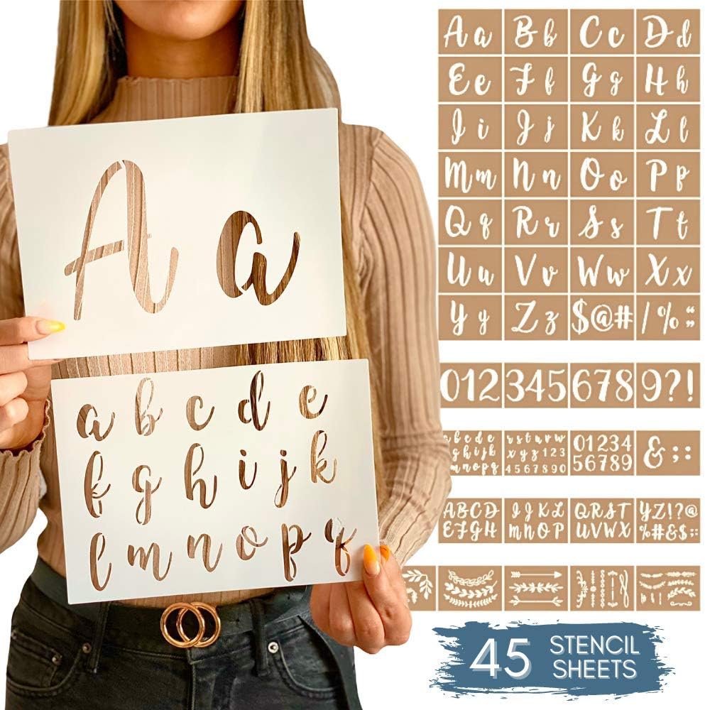 Boutique Calligraphy Stencil Template Kit - 45 Reusable Pieces Includes Lettering Upper and Lowercase both Large Small, Numbers, Punctuation, Laurels Flowers For Arts Crafts Painting Wood