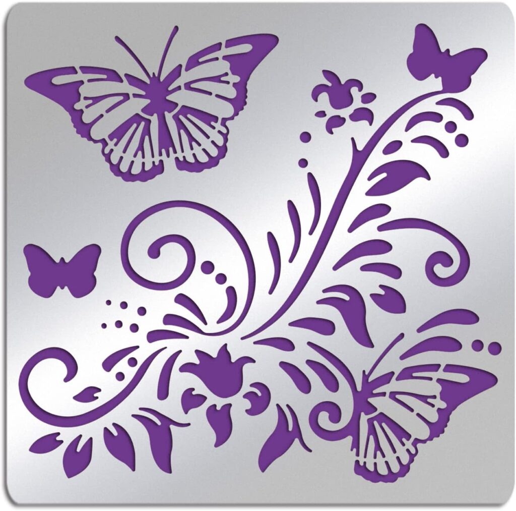 FINGERINSPIRE Butterfly Metal Stencils 6 Inch Square Scrapbooking Drawing Stencils Stainless Steel Flowers Vine Pattern Painting Stencils for Crafting,Engraving, Pyrography, Journal and Wood Burning