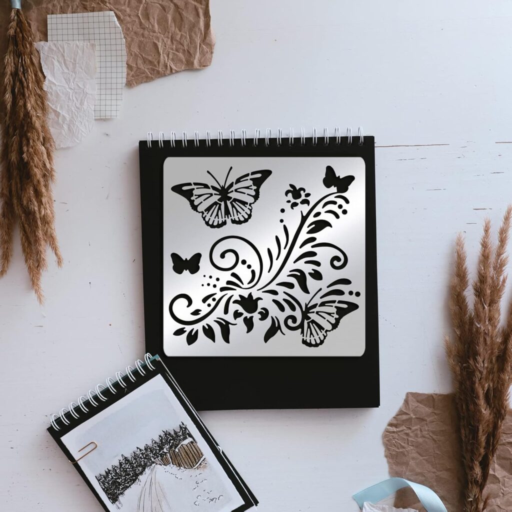 FINGERINSPIRE Butterfly Metal Stencils 6 Inch Square Scrapbooking Drawing Stencils Stainless Steel Flowers Vine Pattern Painting Stencils for Crafting,Engraving, Pyrography, Journal and Wood Burning