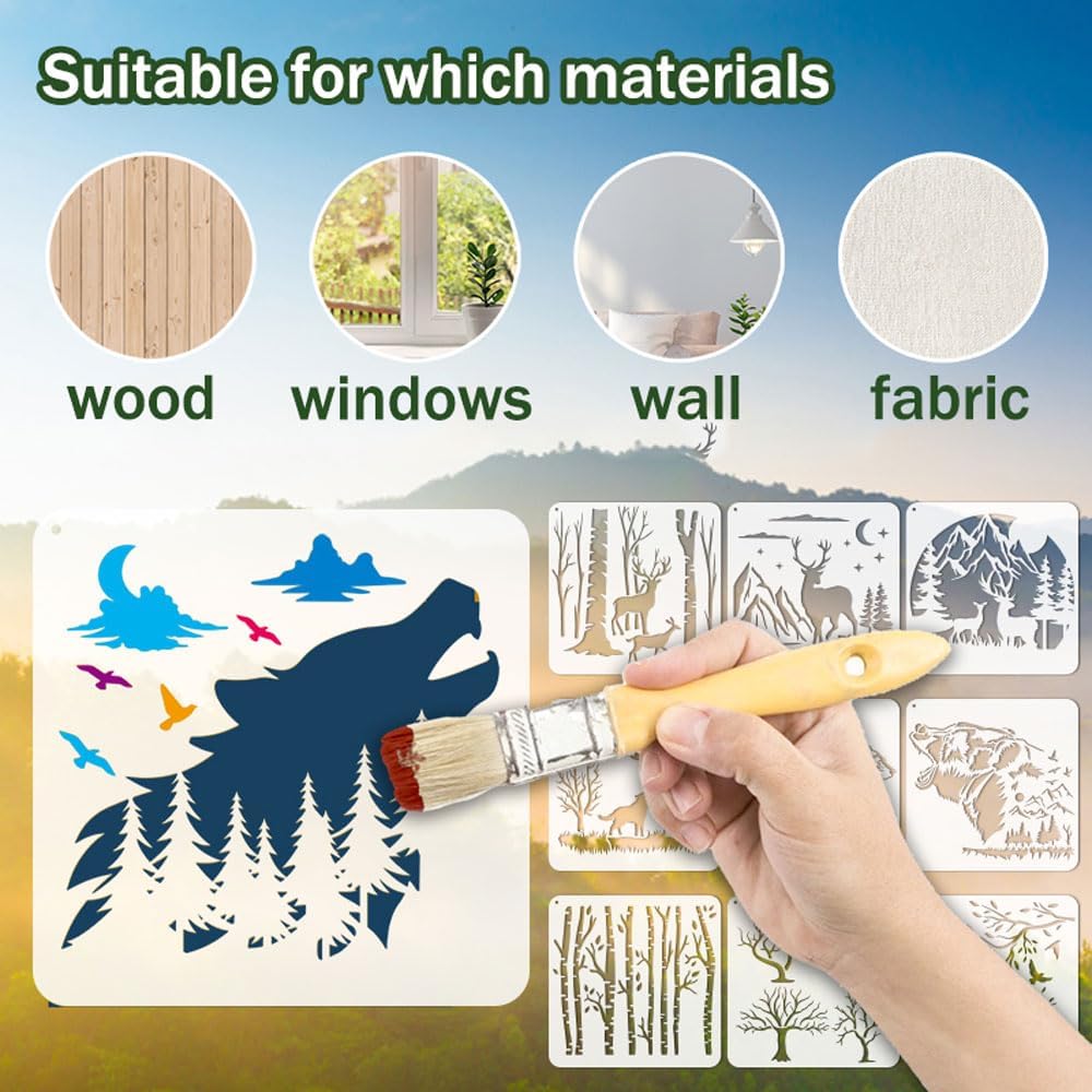 Forest Wildlife Animal Stencils for Painting, 16 Pcs Plastic Reusable Stencils for Kids of Deer Bear Tree Patterns for Painting on Wood Wall Fabric Canvas(7.87 inch)