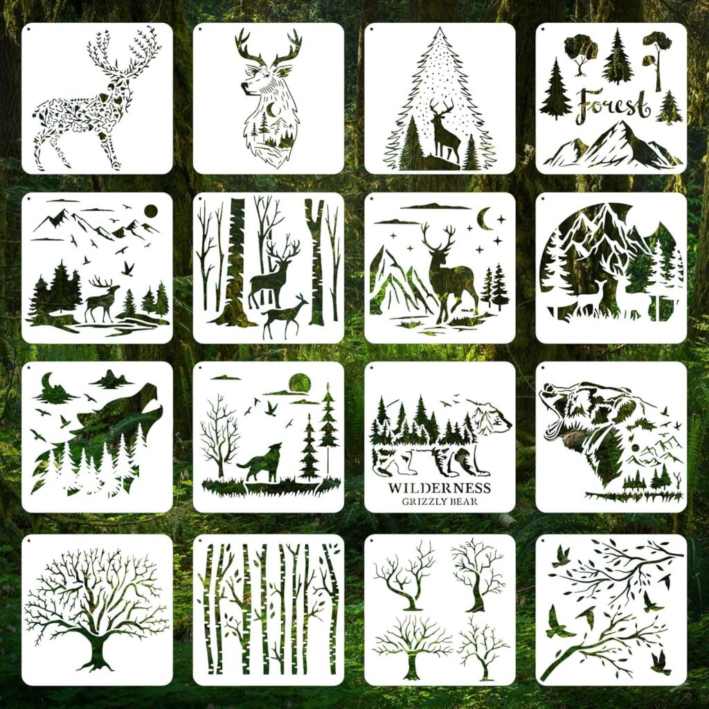 Forest Wildlife Animal Stencils for Painting, 16 Pcs Plastic Reusable Stencils for Kids of Deer Bear Tree Patterns for Painting on Wood Wall Fabric Canvas(7.87 inch)